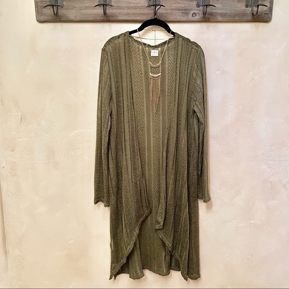 O’Neill Crochet Olive Long Open Cardigan w/ Side Slits-L - Picture 7 of 7